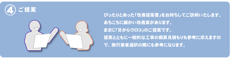 （３）ご提案--ぴったりとあった「改善提案書」をお持ちしてご説明いたします。あちこちに細かい改善案があります。　まさに「目から鱗」のご提案です。提案とともに一般的な工事の概算見積もりも参考に添えますので、施行業者選択の際にも参考になります。